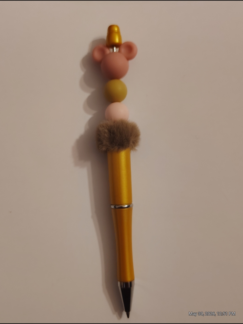 Gold  Decorative Pen with Pink and Olive Beads